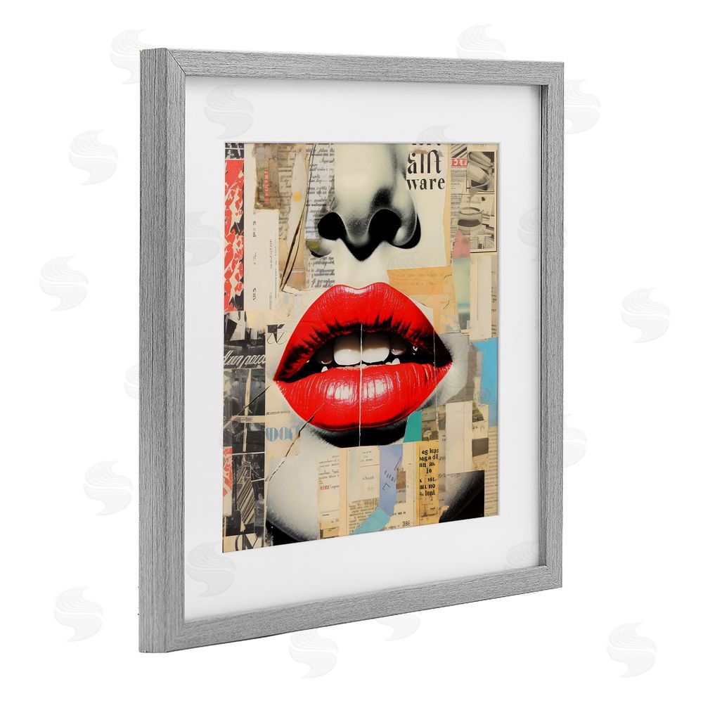 Creative Studio Fashion Collage with Scarlet Lips Gray Framed Print Under Glass Wall Art