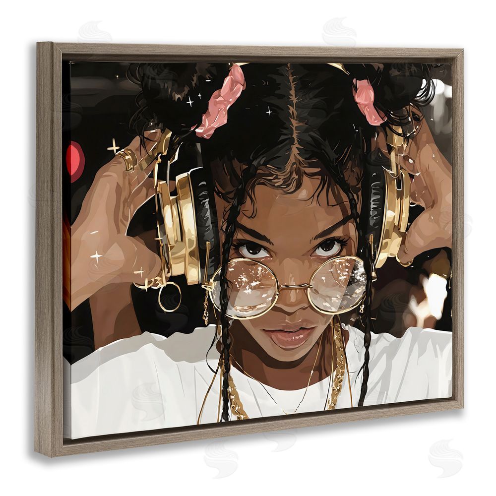 Franklyn Gregory Trendy Girl with Gold Headphones Brown Floating Framed Canvas Wall Art Print