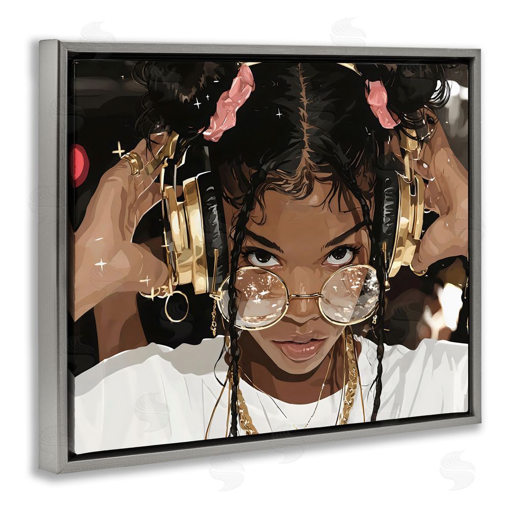 Franklyn Gregory Trendy Girl with Gold Headphones Gray Floating Framed Canvas Wall Art Print
