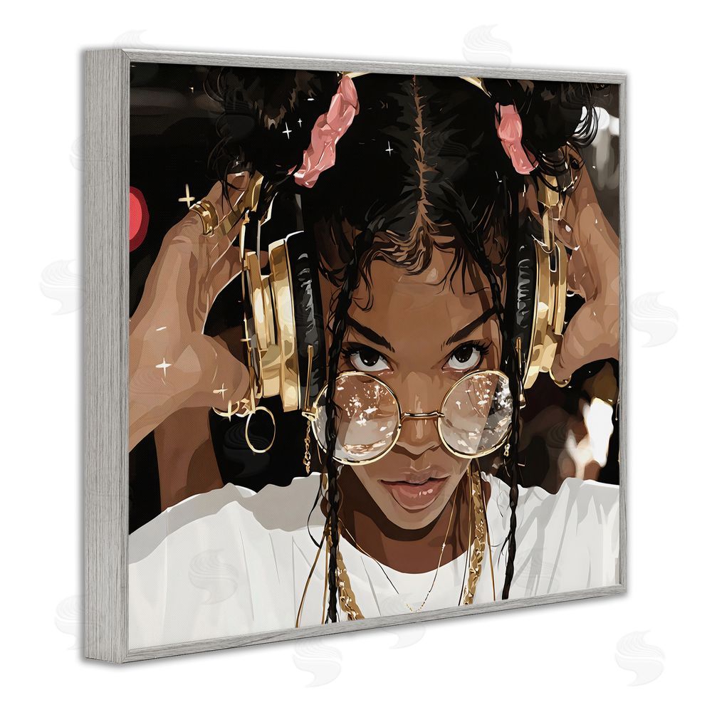 Franklyn Gregory Trendy Girl with Gold Headphones Gray Framed Giclee Wall Art Print
