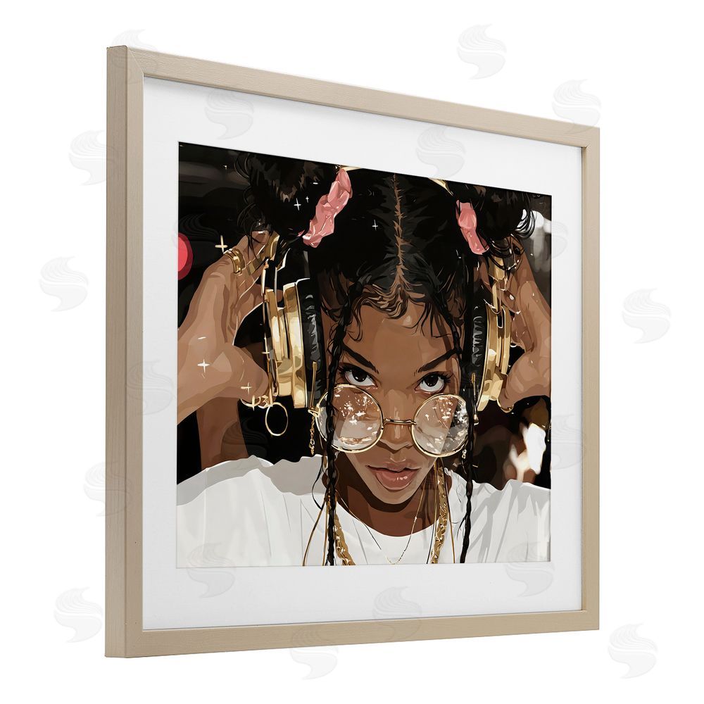 Franklyn Gregory Trendy Girl with Gold Headphones Brown Framed Print Under Glass with White Mat Wall Art