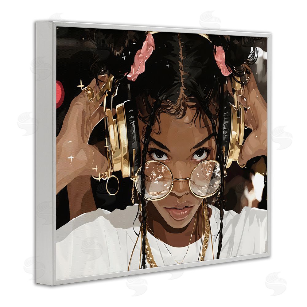 Franklyn Gregory Trendy Girl with Gold Headphones White Framed Giclee Wall Art Print