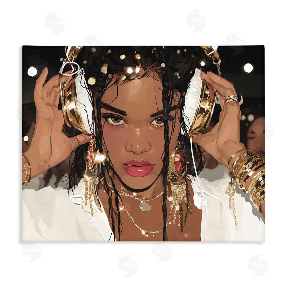Franklyn Gregory Gold Headphones Glam Female Stretched Canvas Wall Art