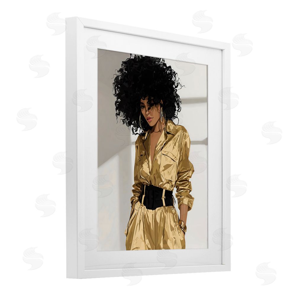 Franklyn Gregory Elegant Woman in Chic Jumpsuit White Framed Print Under Glass Wall Art