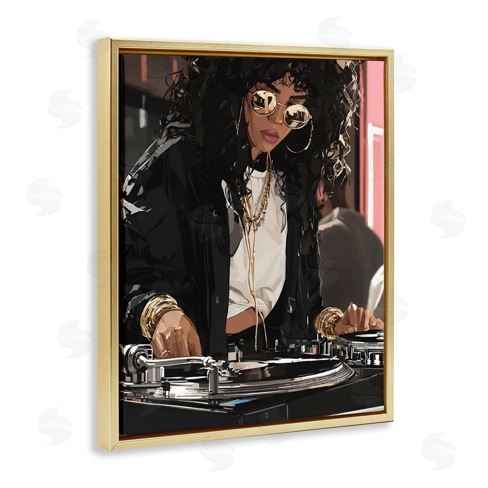 Franklyn Gregory DJ Focused On Turntables Gold Floating Frame Canvas Wall Art Print