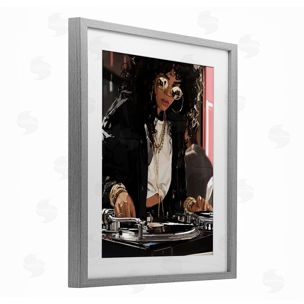 Franklyn Gregory DJ Focused On Turntables Gray Framed Print Under Glass Wall Art