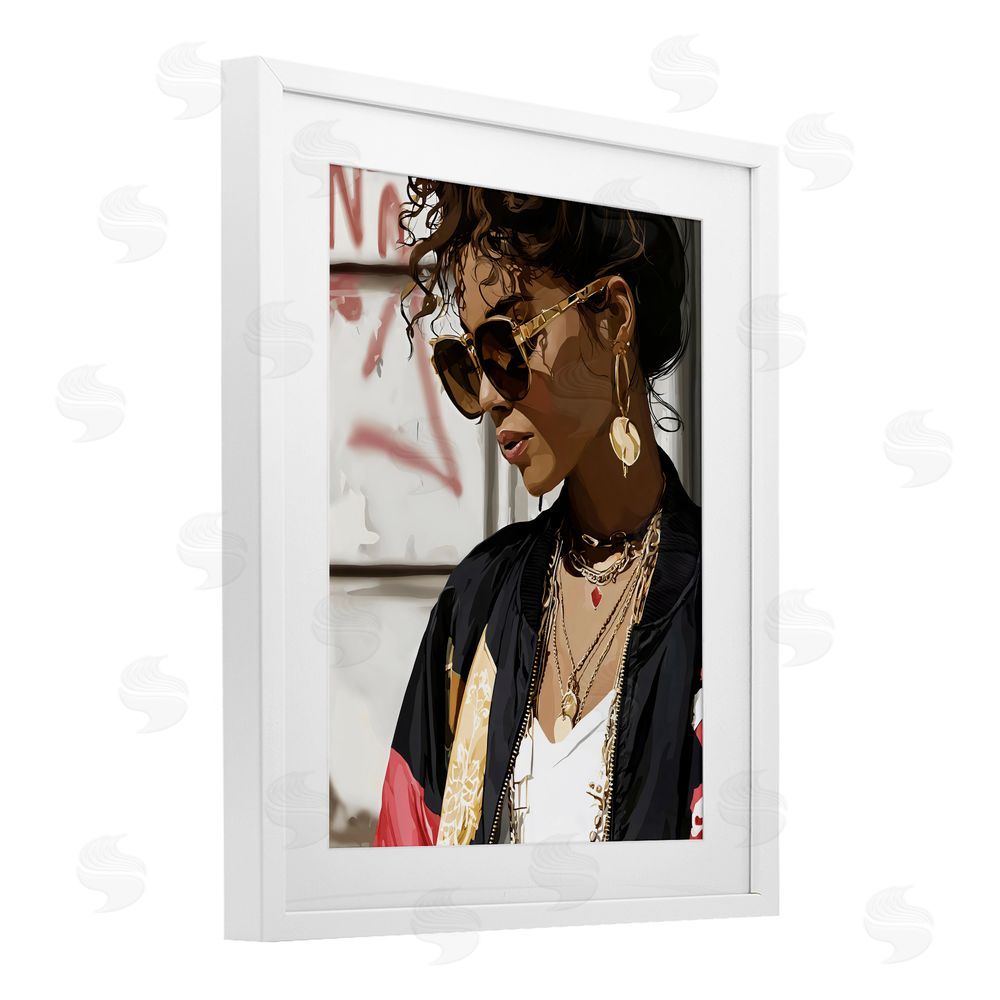 Franklyn Gregory Woman in Sunglasses With Jewelry White Framed Print Under Glass with White Mat Wall Art