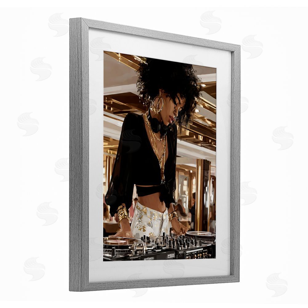 Franklyn Gregory Woman Of Music Live DJ Gray Framed Print Under Glass with White Mat Wall Art