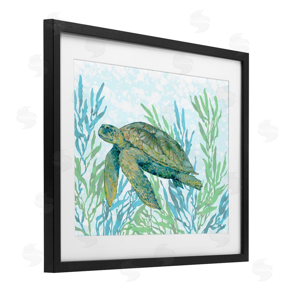 Paul Brent Tasman Turtle in Seagrass Black Framed Print Under Glass with White Mat Wall Art