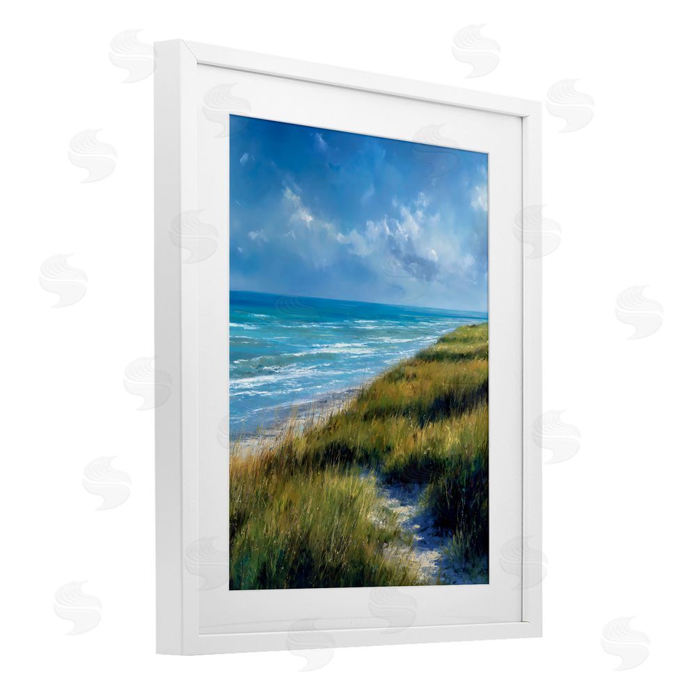 Franklyn Gregory Coastal Grass & Rolling Waves White Framed Print Under Glass Wall Art