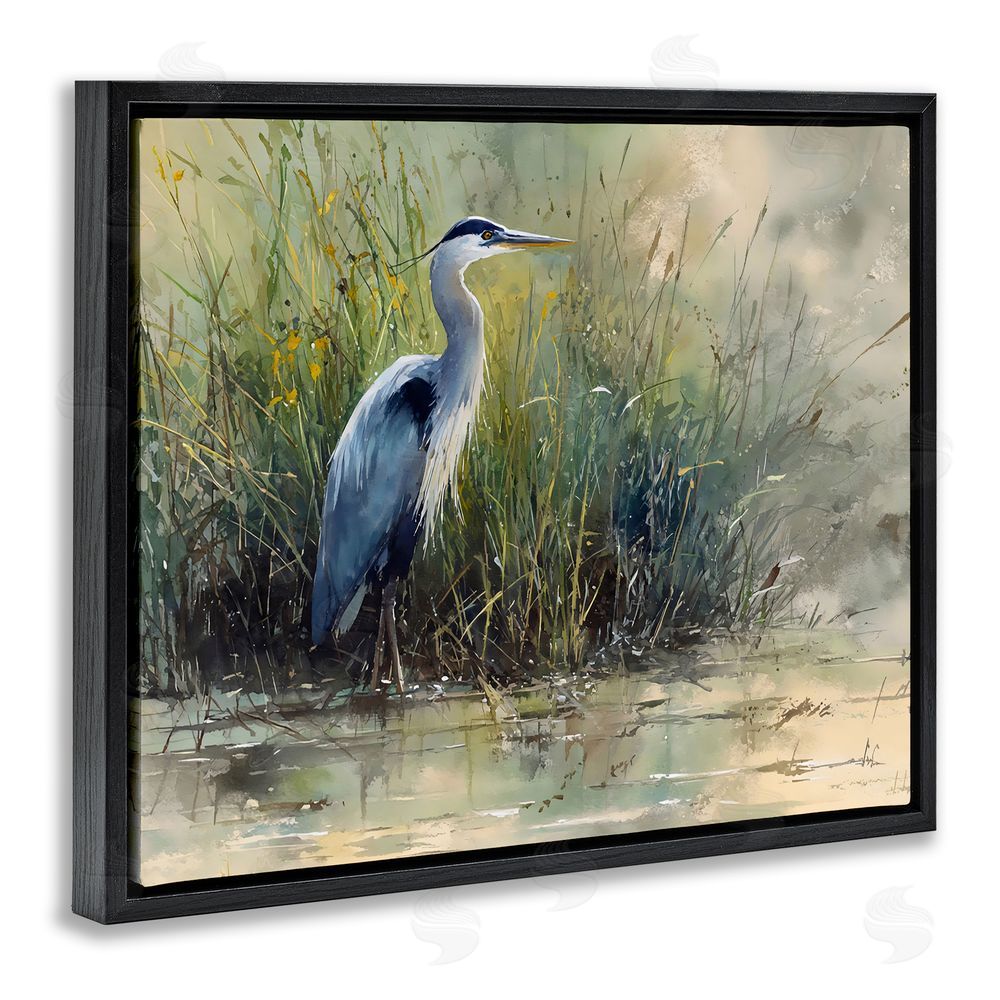 Franklyn Gregory Heron In The Grass Black Floating Framed Canvas Wall Art