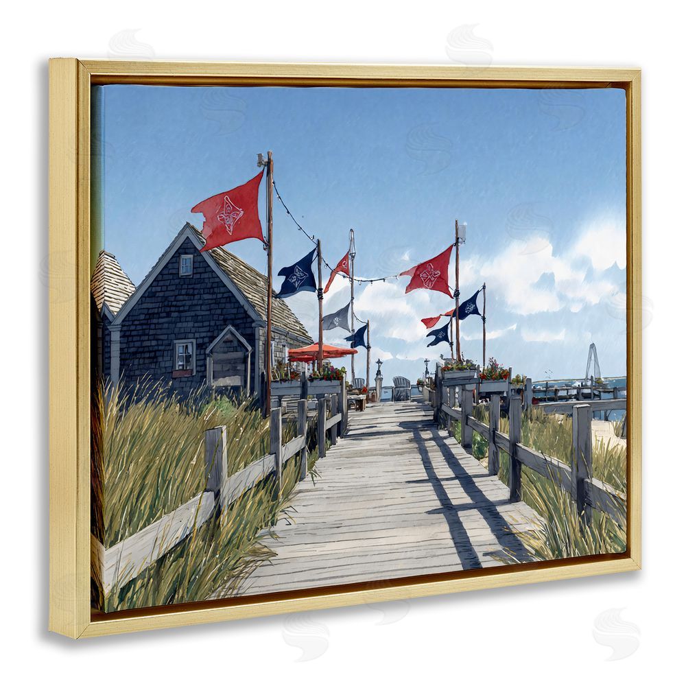Franklyn Gregory Summer Boardwalk Stroll Gold Floating Framed Canvas Wall Art Print