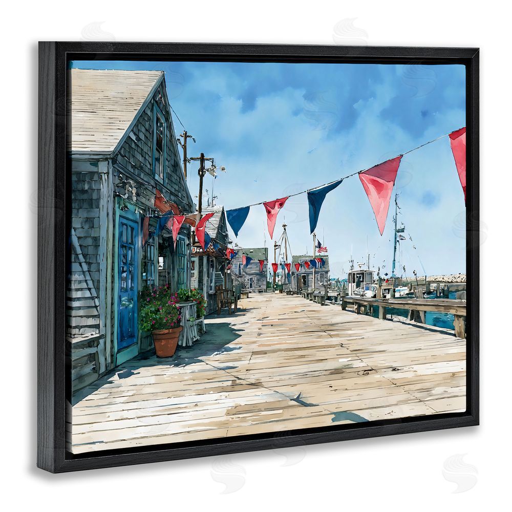Franklyn Gregory Seaside Fishing Wharf Black Floating Framed Canvas Wall Art Print