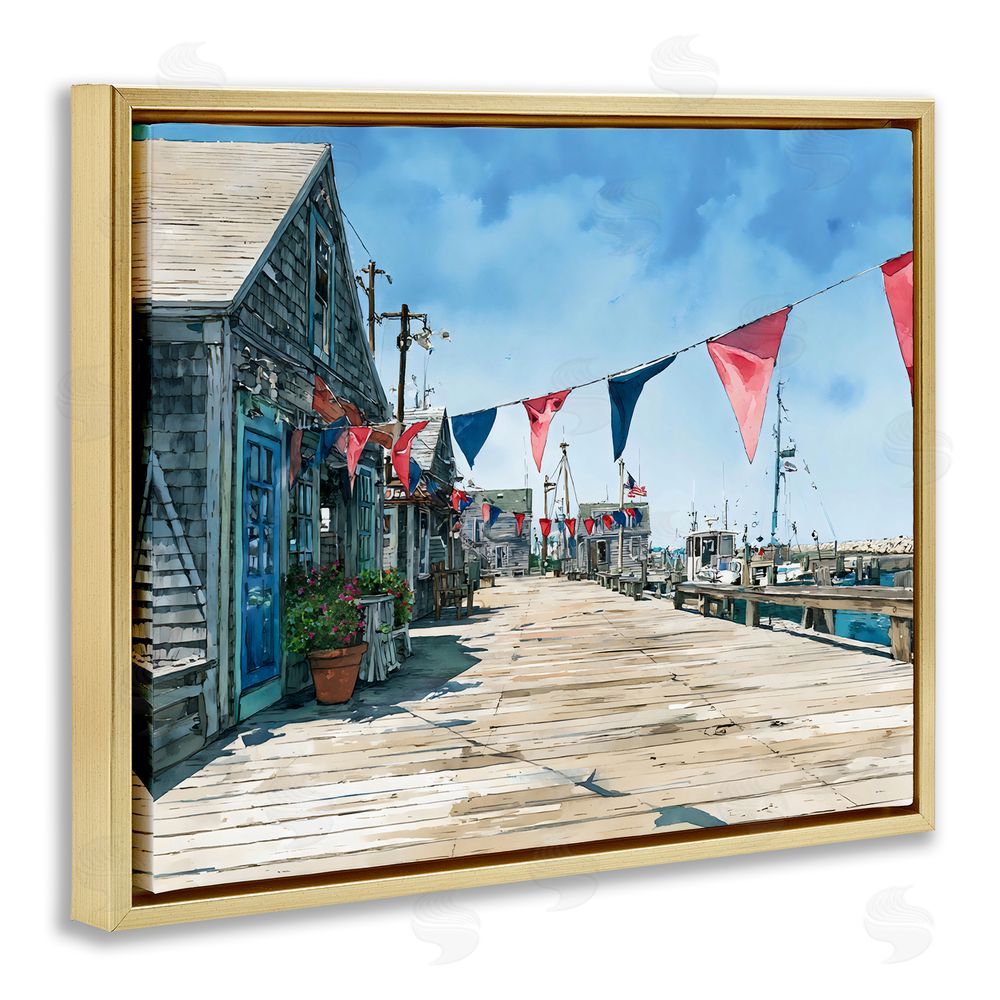 Franklyn Gregory Seaside Fishing Wharf Gold Floating Framed Canvas Wall Art Print