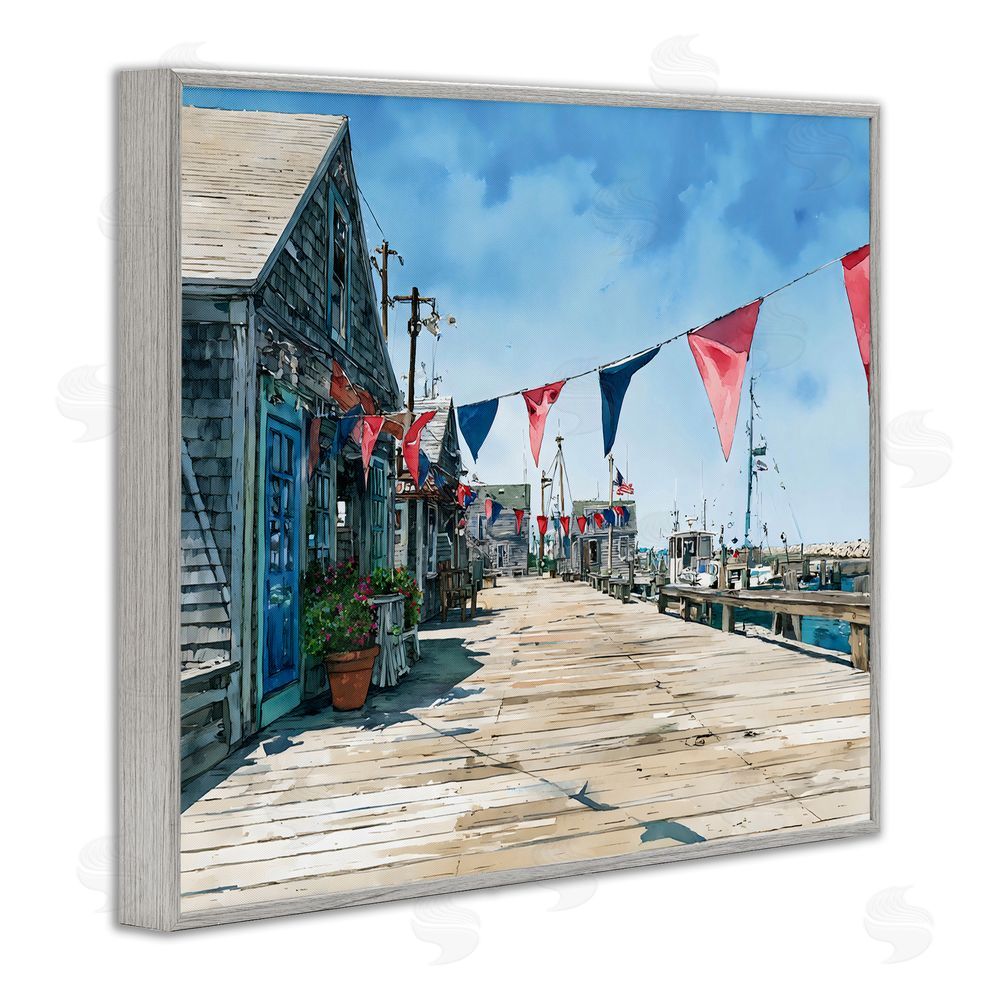 Franklyn Gregory Seaside Fishing Wharf Gray Framed Giclee Wall Art Print