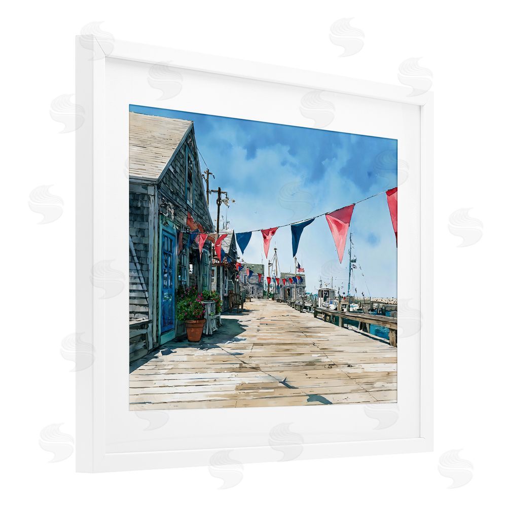Franklyn Gregory Seaside Fishing Wharf White Framed Print Under Glass with White Mat Wall Art