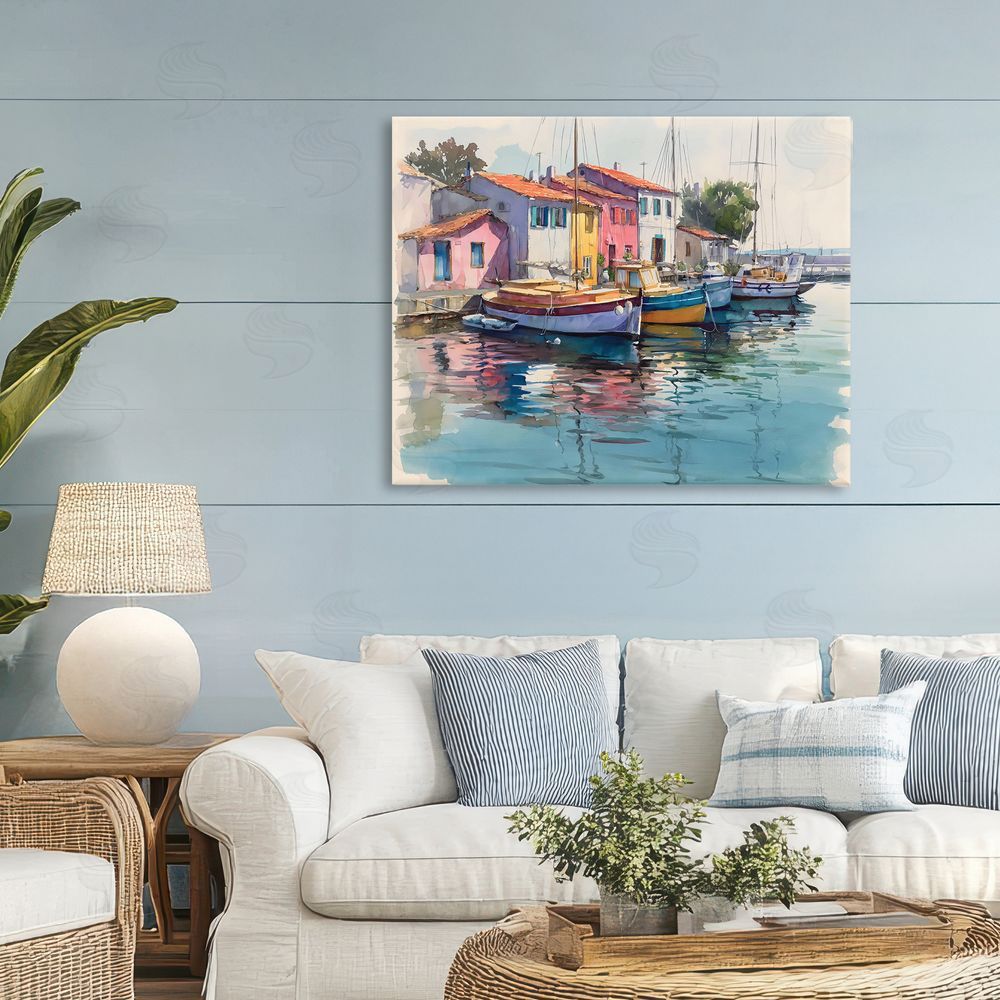 Franklyn Gregory Colorful Docks Harbor Stretched Canvas Wall Art in Room