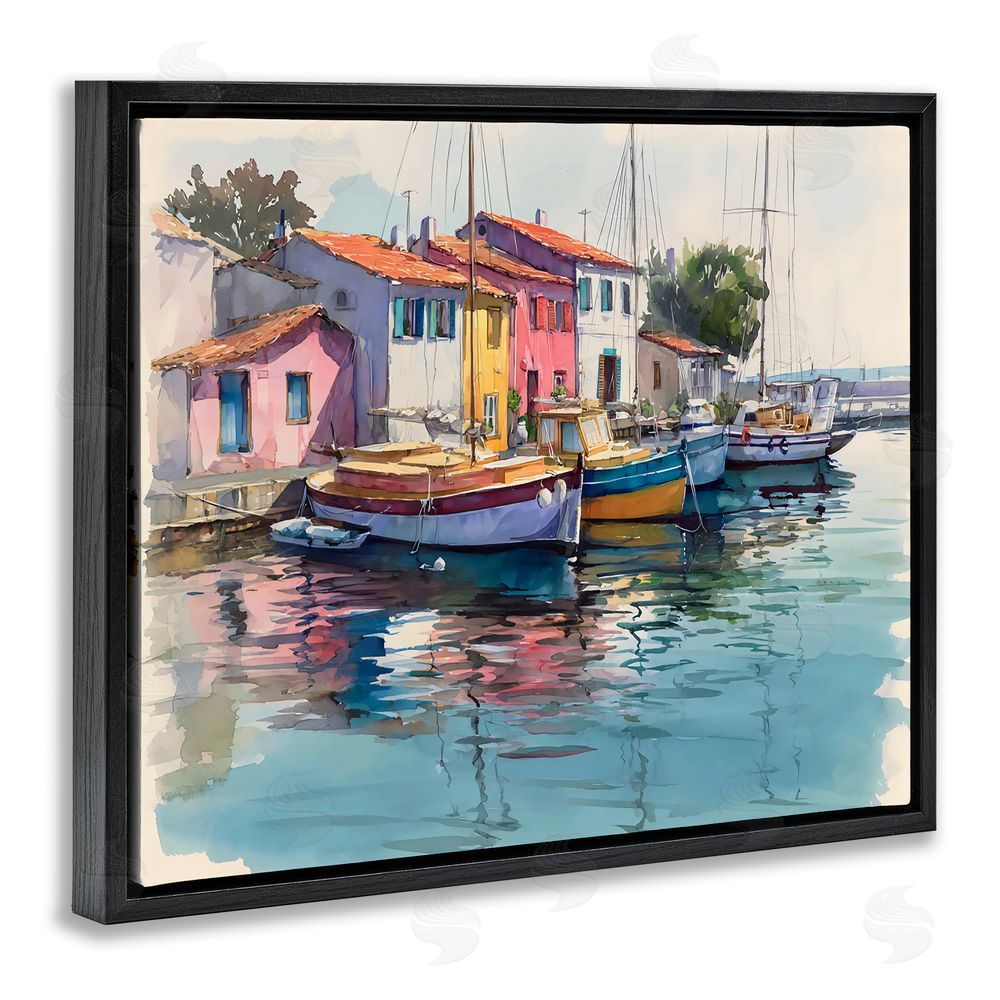 Franklyn Gregory Colorful Docks Harbor Black Floating Frame Canvas Wall Art Print