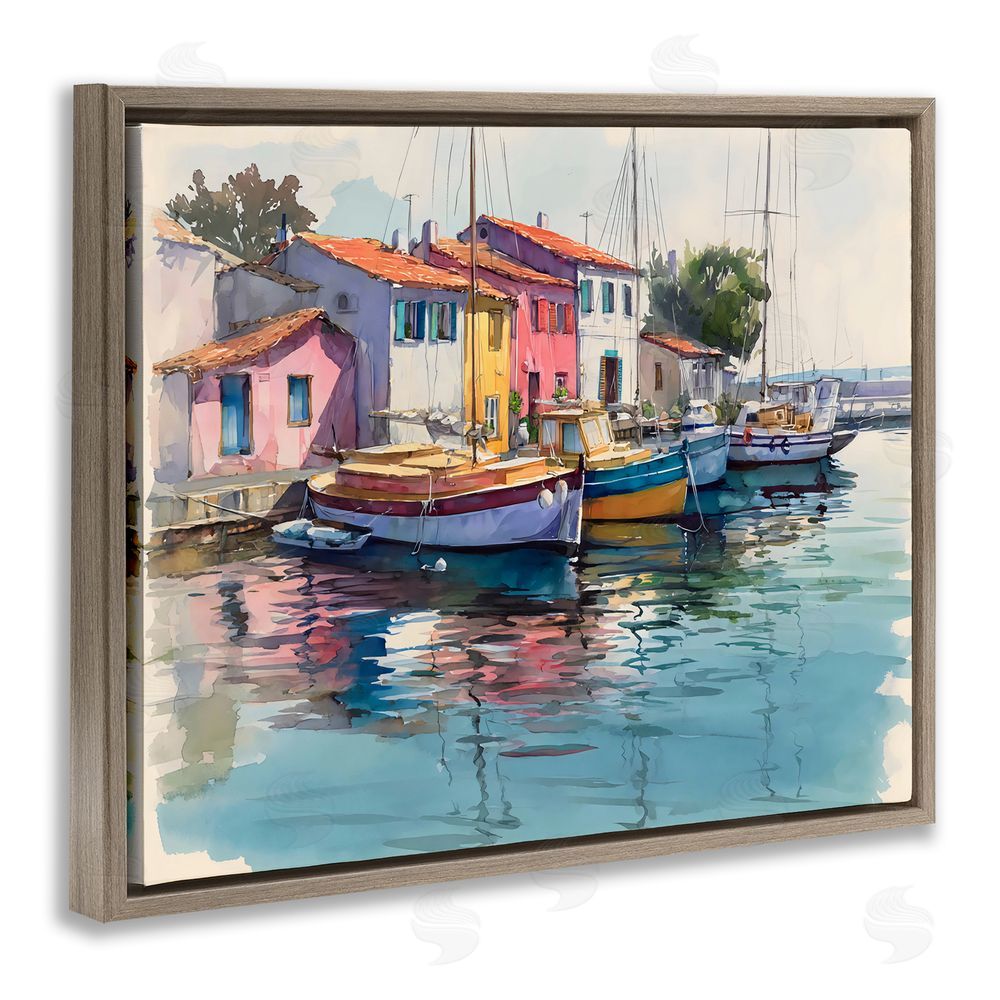 Franklyn Gregory Colorful Docks Harbor Brown Floating Frame Canvas Wall Art Print