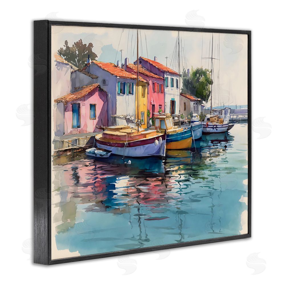 Franklyn Gregory Colorful Docks Harbor Black Framed Giclee Wall Art Print