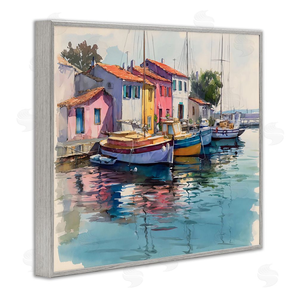 Franklyn Gregory Colorful Docks Harbor Gray Framed Giclee Wall Art Print