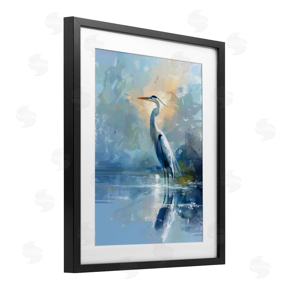 Creative Studio Tranquil Heron with Dawn Glow Black Framed Print Under Glass with White Mat Wall Art