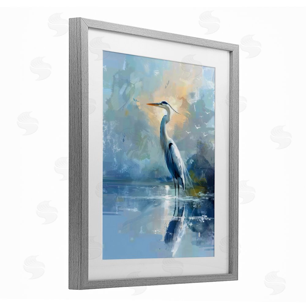 Creative Studio Tranquil Heron with Dawn Glow Gray Framed Print Under Glass with White Mat Wall Art