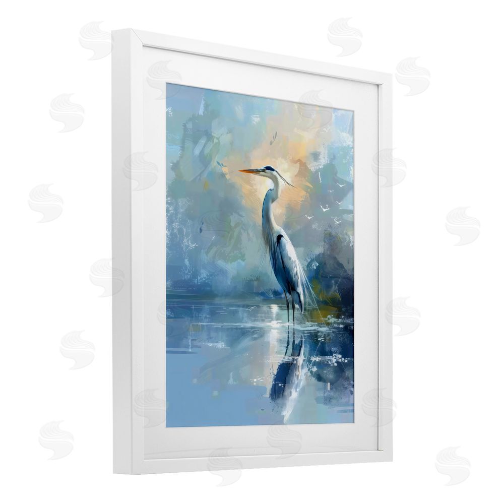 Creative Studio Tranquil Heron with Dawn Glow White Framed Print Under Glass with White Mat Wall Art
