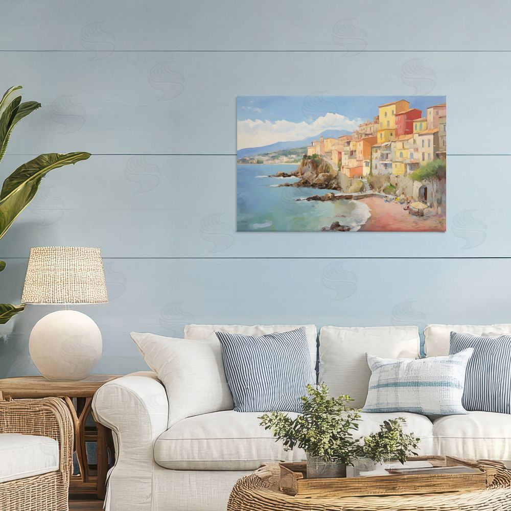 Creative Studio Colorful Coastal Town by Sea Stretched Canvas Wall Art in Room