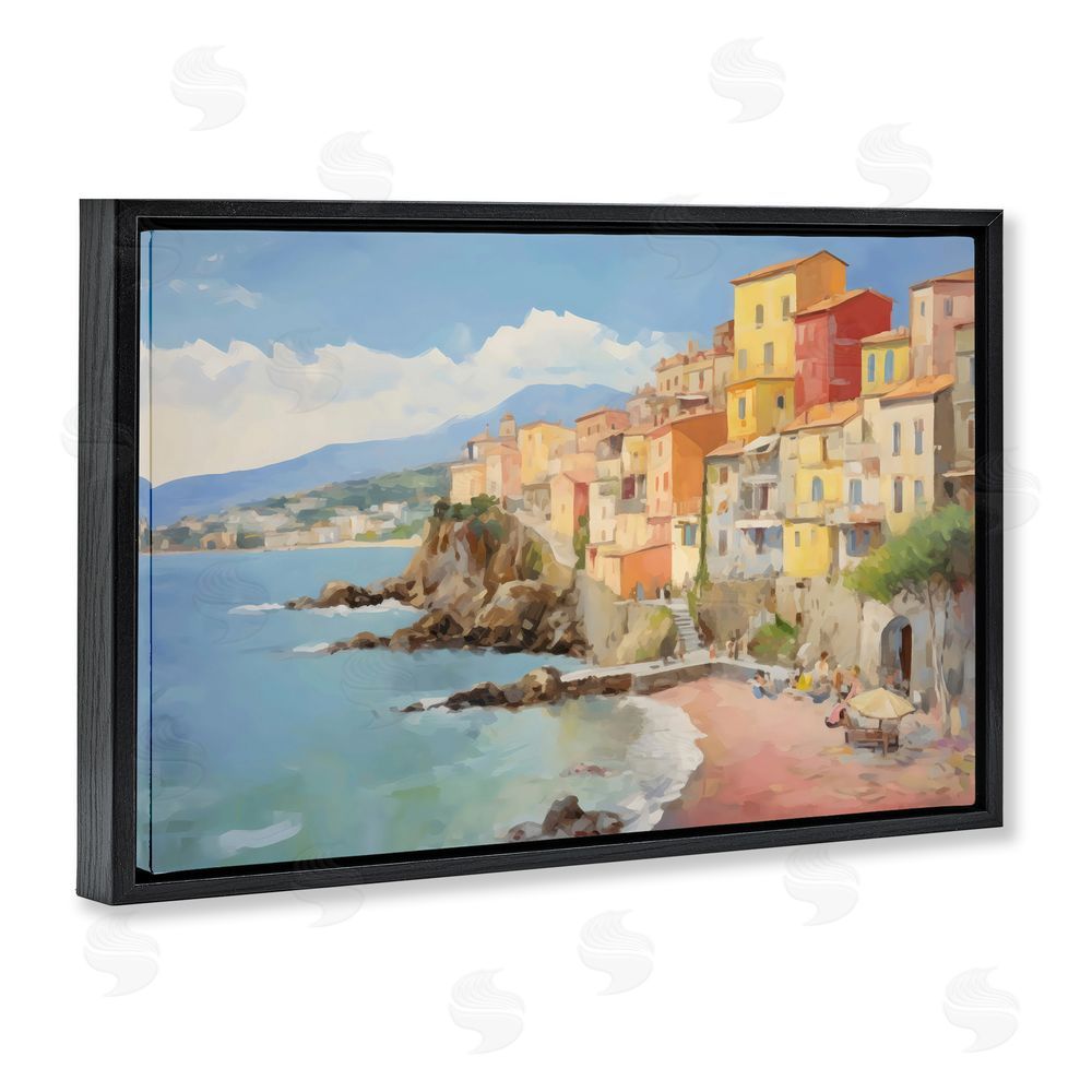 Creative Studio Colorful Coastal Town by Sea Black Floating Frame Canvas Wall Art Print