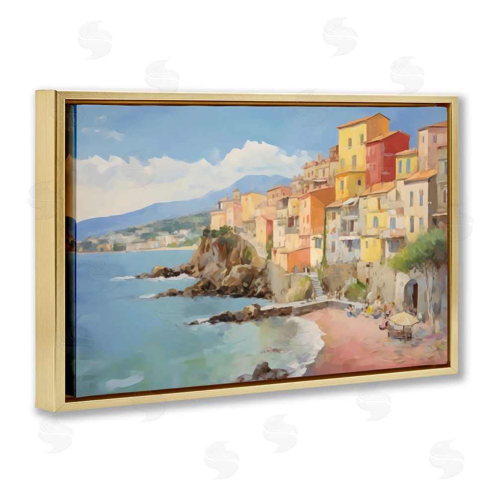 Creative Studio Colorful Coastal Town by Sea Gold Floating Frame Canvas Wall Art Print