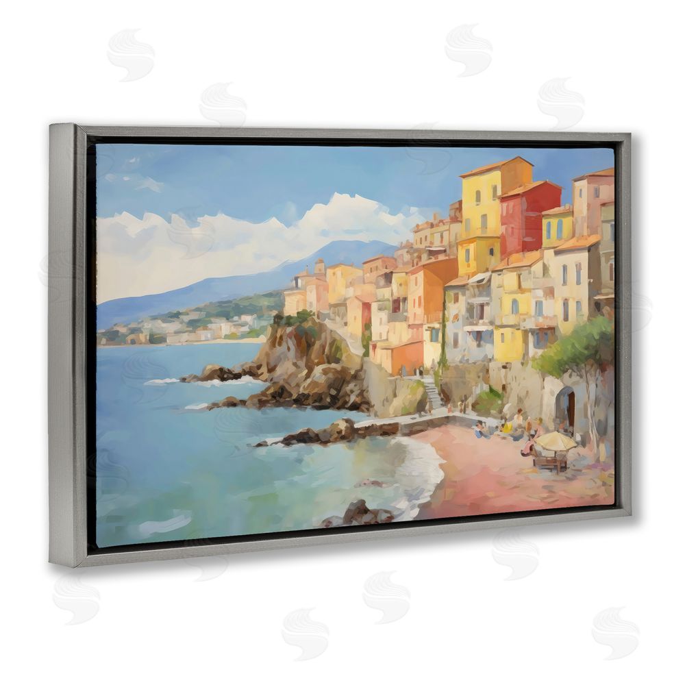 Creative Studio Colorful Coastal Town by Sea Gray Floating Frame Canvas Wall Art Print