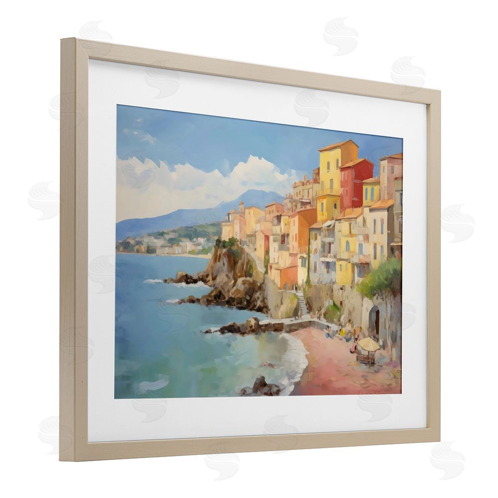 Creative Studio Colorful Coastal Town by Sea Brown Framed Print Under Glass Wall Art