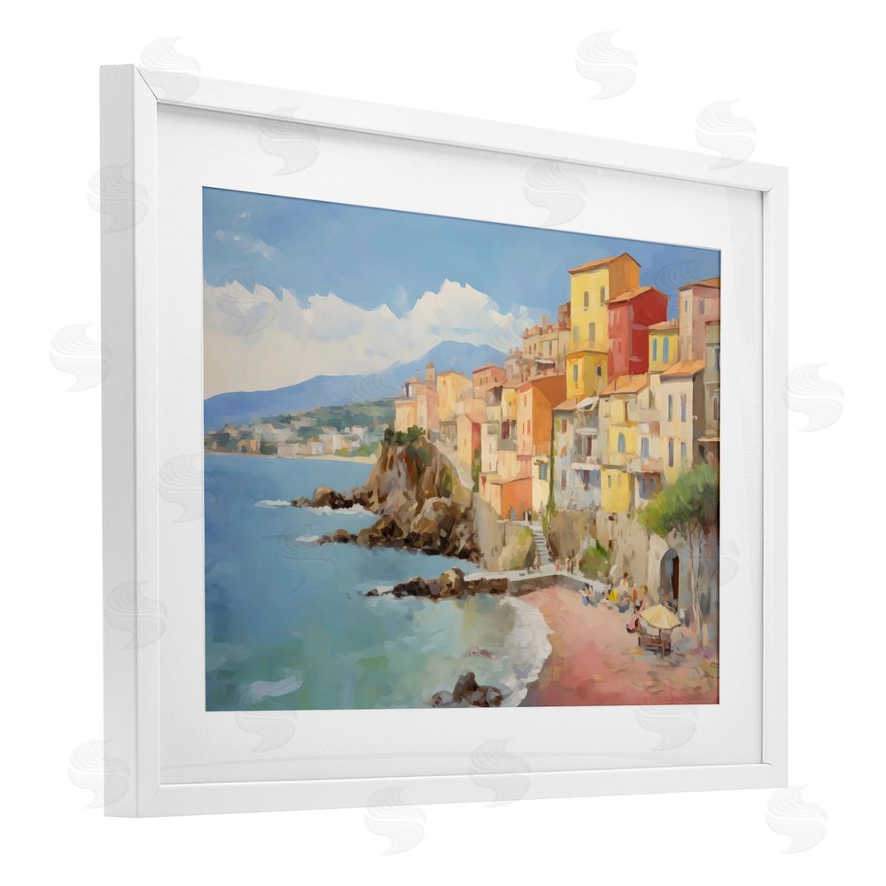 Creative Studio Colorful Coastal Town by Sea White Framed Print Under Glass Wall Art