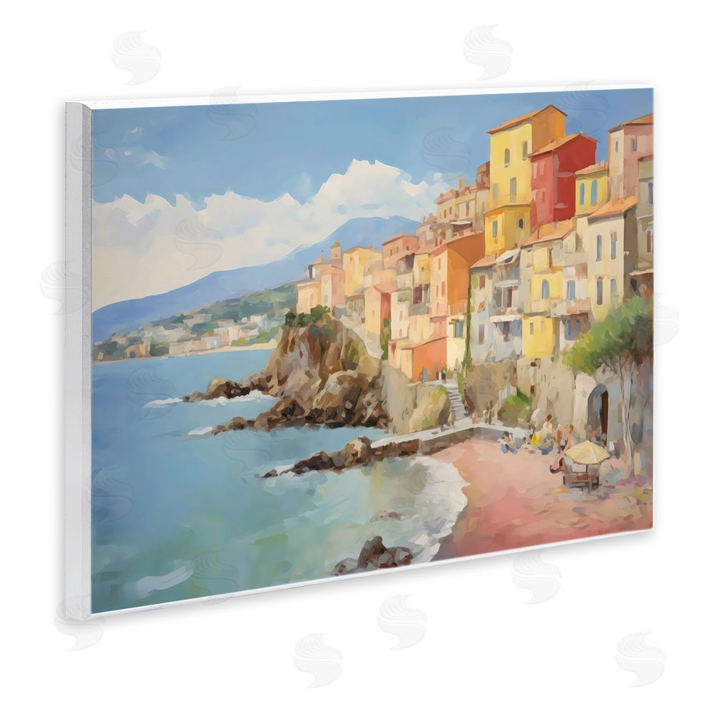 Creative Studio Colorful Coastal Town by Sea Wall Plaque with Fixed Lithograph Print