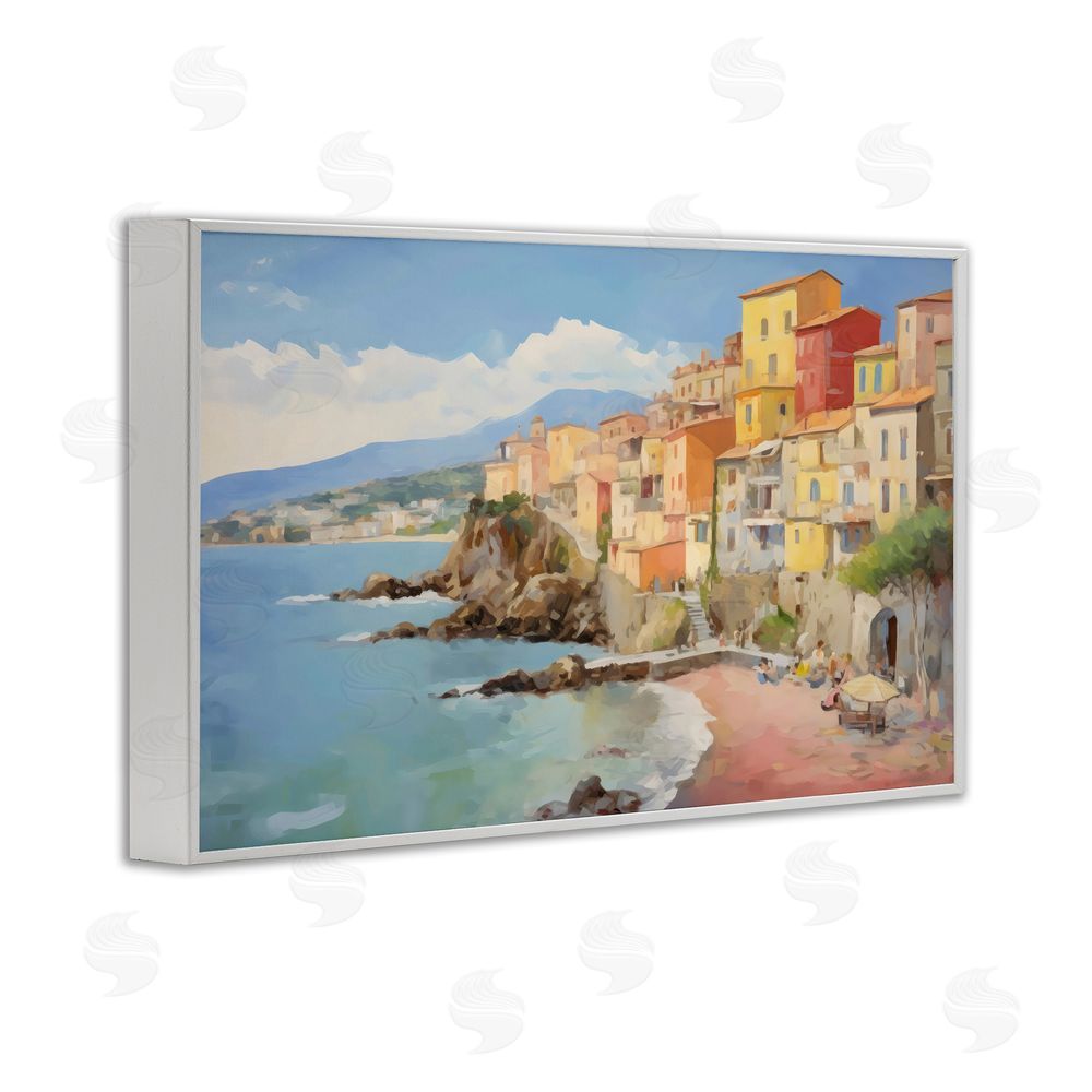 Creative Studio Colorful Coastal Town by Sea White Framed Giclee Wall Art Print