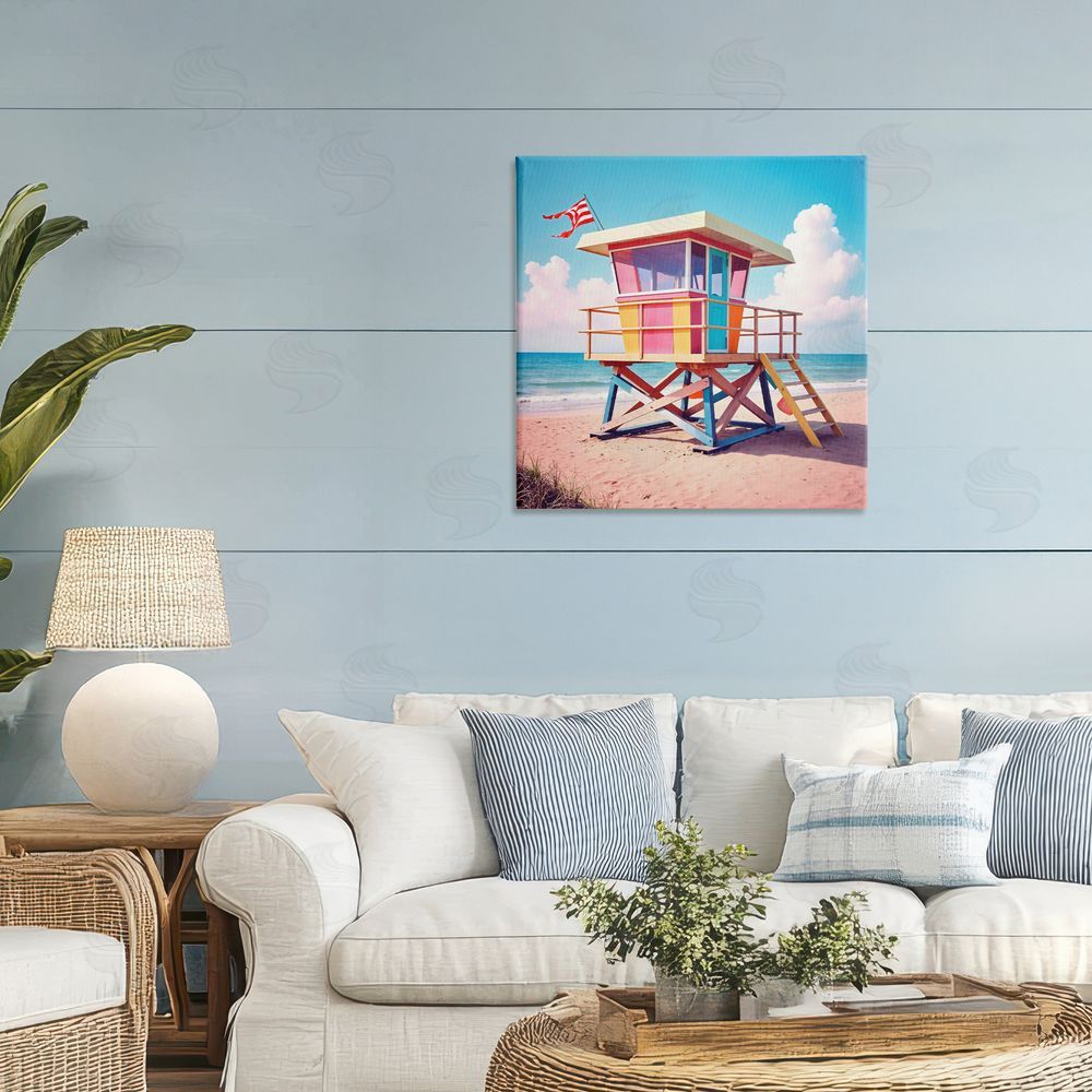 Creative Studio Colorful Sunny Beach Tower Stretched Canvas Wall Art in Room
