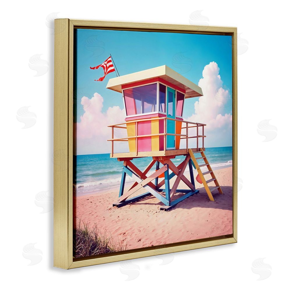 Creative Studio Colorful Sunny Beach Tower Gold Floating Frame Canvas Wall Art Print