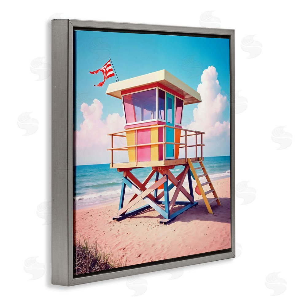 Creative Studio Colorful Sunny Beach Tower Gray Floating Frame Canvas Wall Art Print
