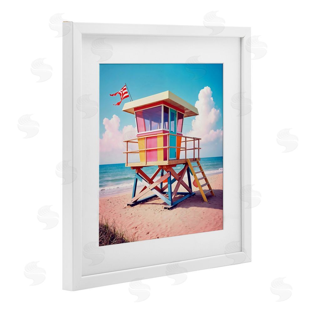 Creative Studio Colorful Sunny Beach Tower White Framed Print Under Glass Wall Art