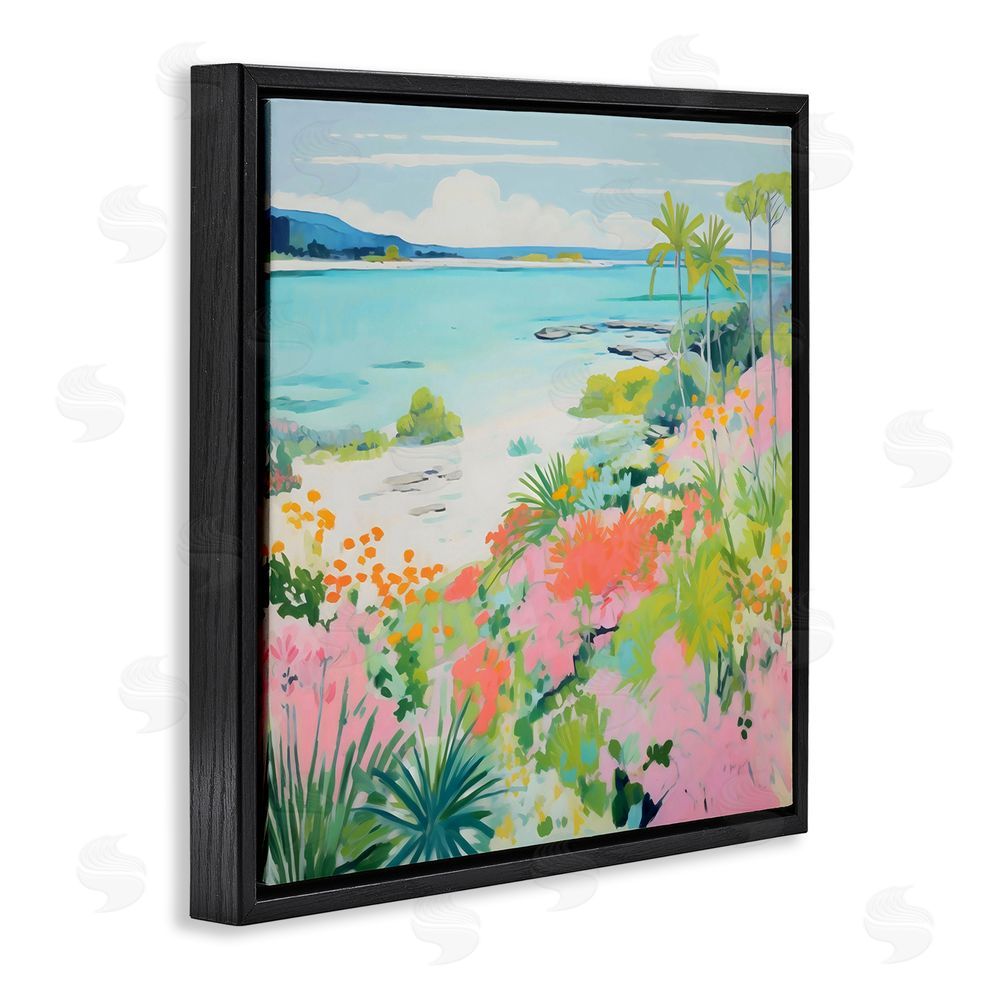 Creative Studio Tropical Coast Blooming Shoreline Black Floating Framed Canvas Wall Art Print