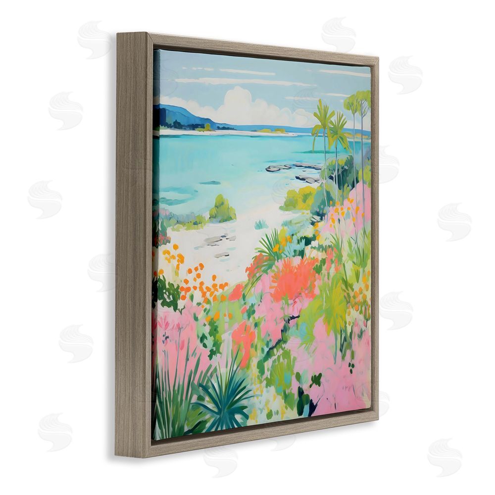 Creative Studio Tropical Coast Blooming Shoreline Brown Floating Framed Canvas Wall Art Print