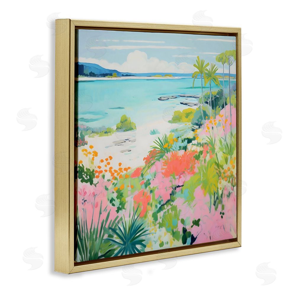 Creative Studio Tropical Coast Blooming Shoreline Gold Floating Framed Canvas Wall Art Print