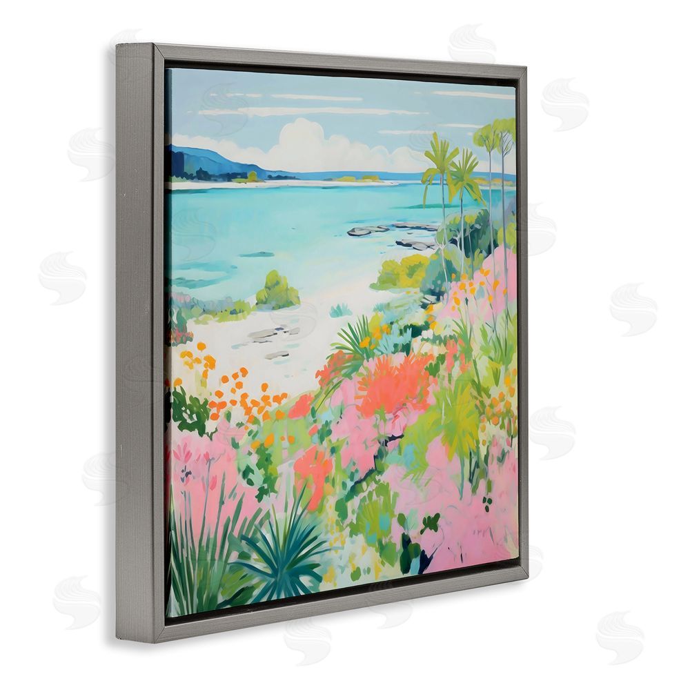 Creative Studio Tropical Coast Blooming Shoreline Gray Floating Framed Canvas Wall Art Print
