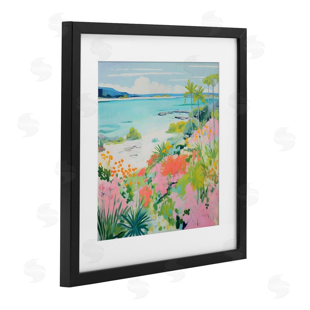 Creative Studio Tropical Coast Blooming Shoreline Black Framed Print Under Glass with White Mat Wall Art