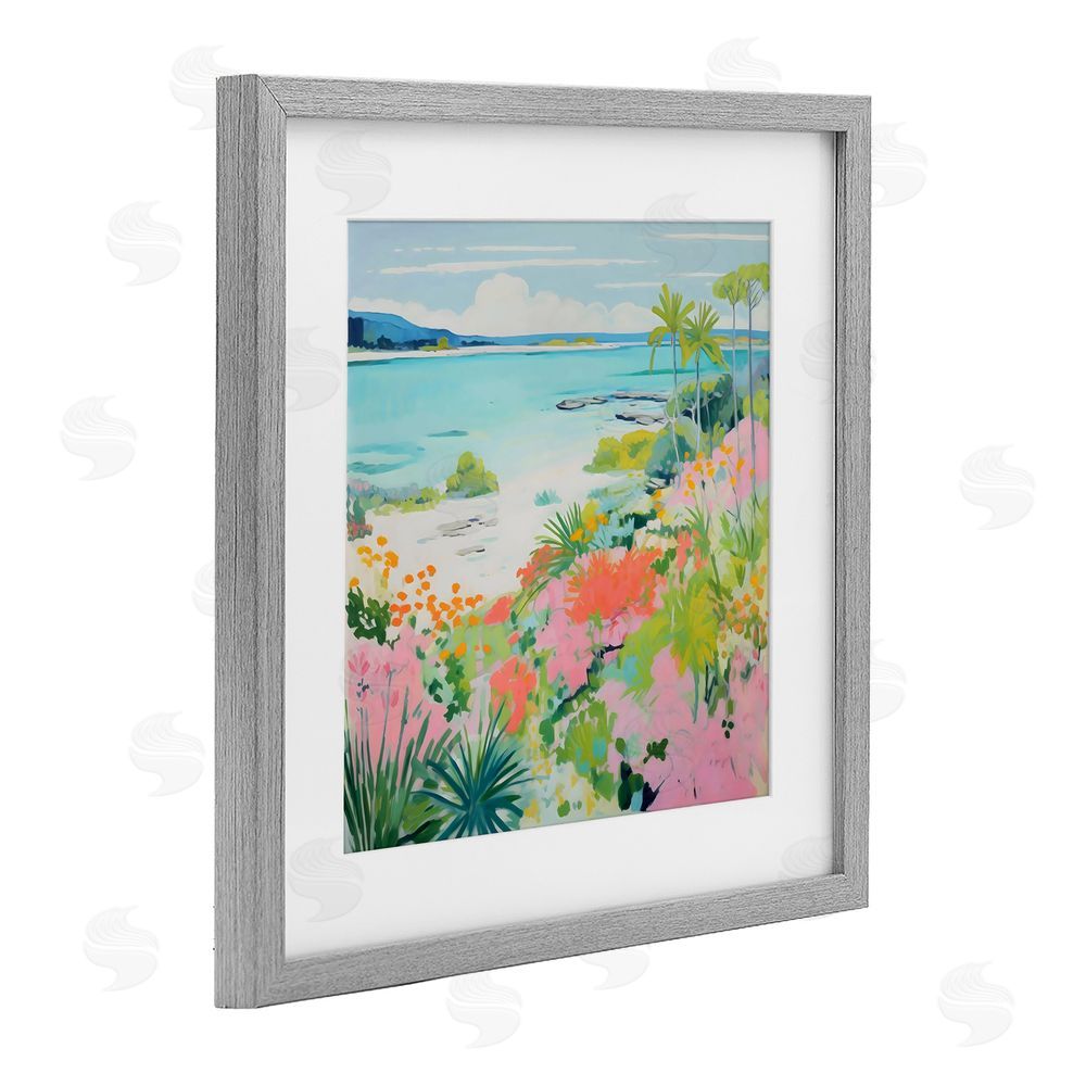 Creative Studio Tropical Coast Blooming Shoreline Gray Framed Print Under Glass with White Mat Wall Art