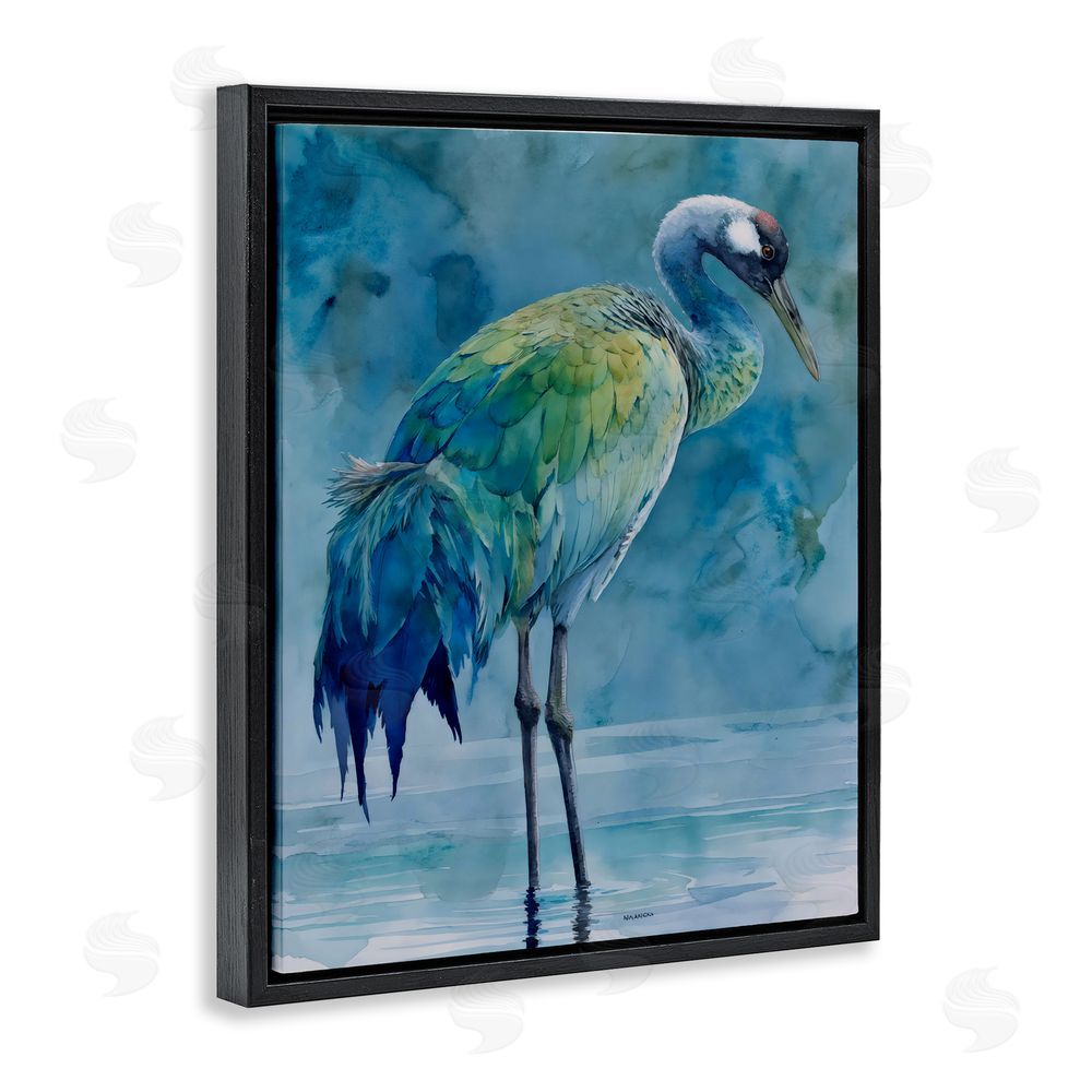 Franklyn Gregory Turquoise Feathered Coastal Bird Black Floating Framed Canvas Wall Art Print
