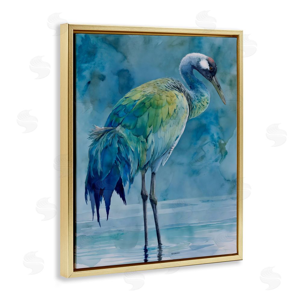 Franklyn Gregory Turquoise Feathered Coastal Bird Gold Floating Framed Canvas Wall Art Print