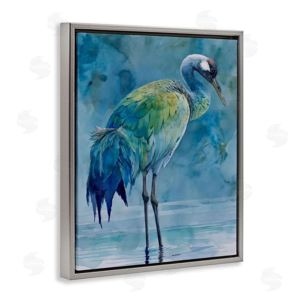 Franklyn Gregory Turquoise Feathered Coastal Bird Gray Floating Framed Canvas Wall Art Print