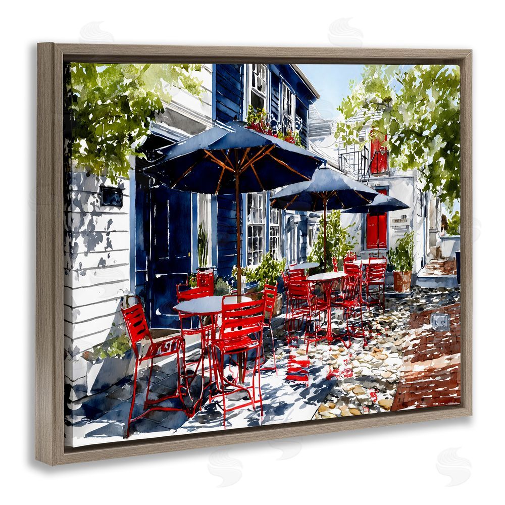 Franklyn Gregory Cafe Classic Red Chairs Brown Floating Frame Stretched Canvas Wall Art Print